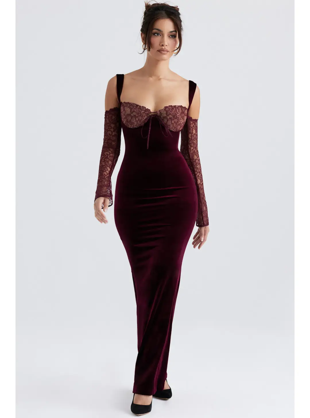 House Of CB Ivy Velvet Maxi Dress Black Cherry Size AU 6 for rent on The Volte - main image