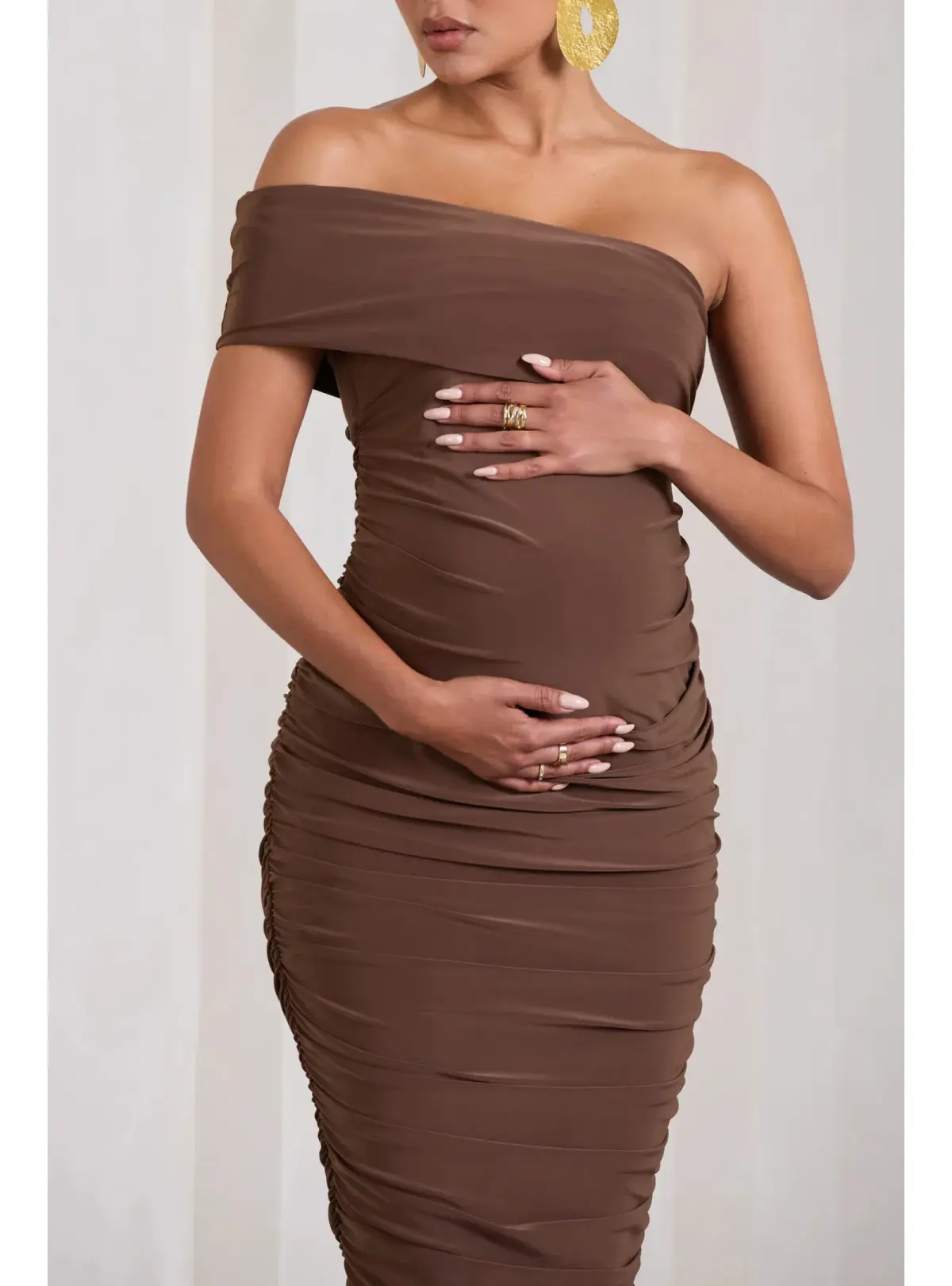 Club L London Remember Me Maternity One Shoulder Midi Dress Chocolate Size AU 12 - Image 2