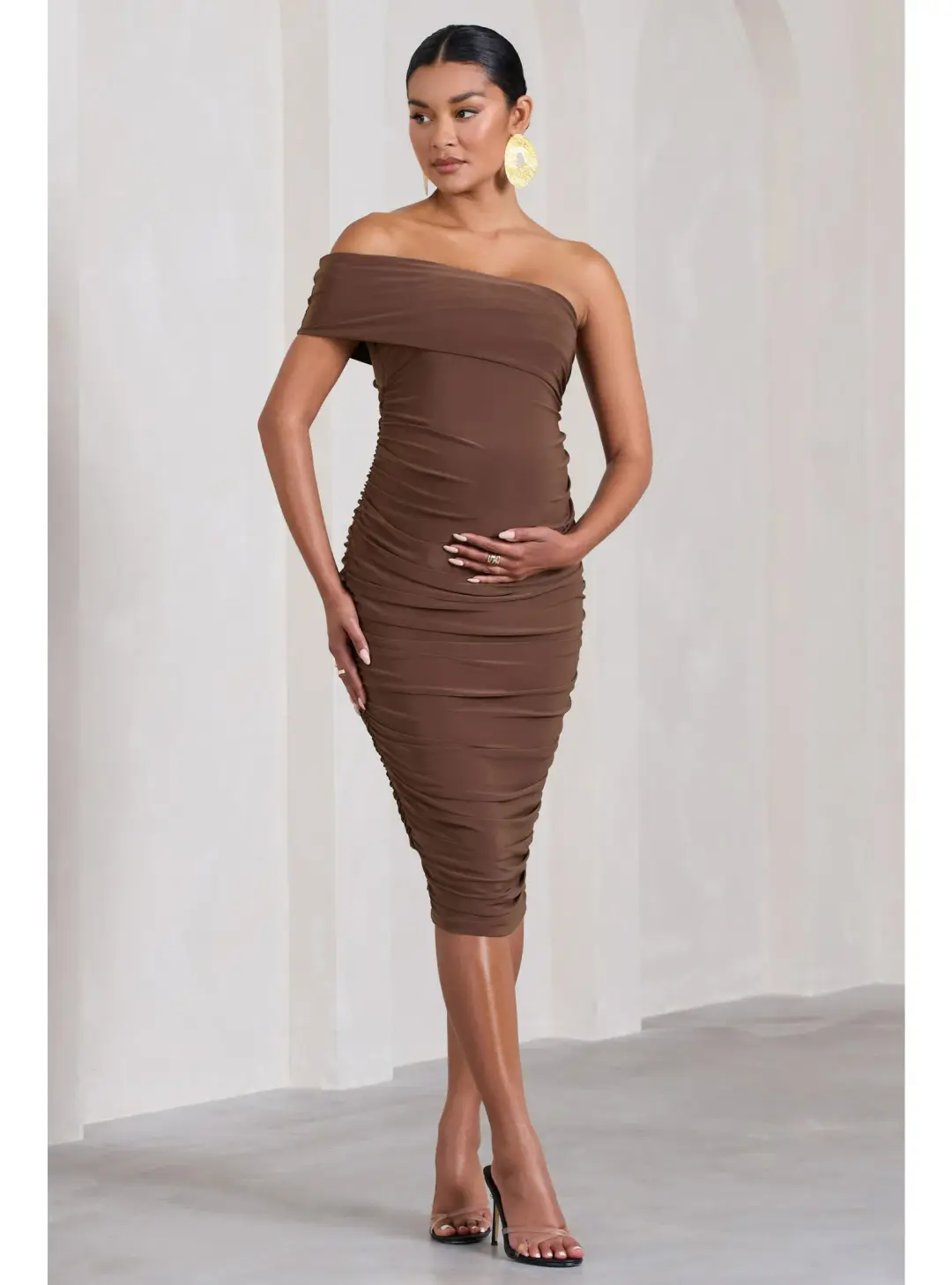 Club L London Remember Me Maternity One Shoulder Midi Dress Chocolate Size AU 12 for rent on The Volte - main image