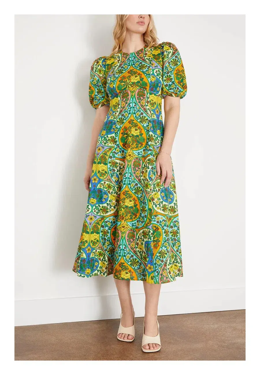 Alemais Sofie Puff Sleeve Midi Dress Green Print Size 12 - Image 2