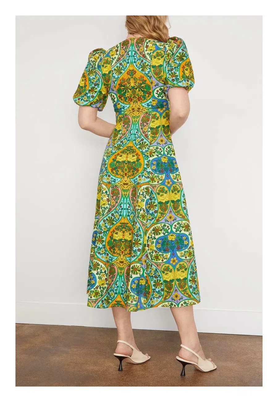 Alemais Sofie Puff Sleeve Midi Dress Green Print Size 12 - Image 1