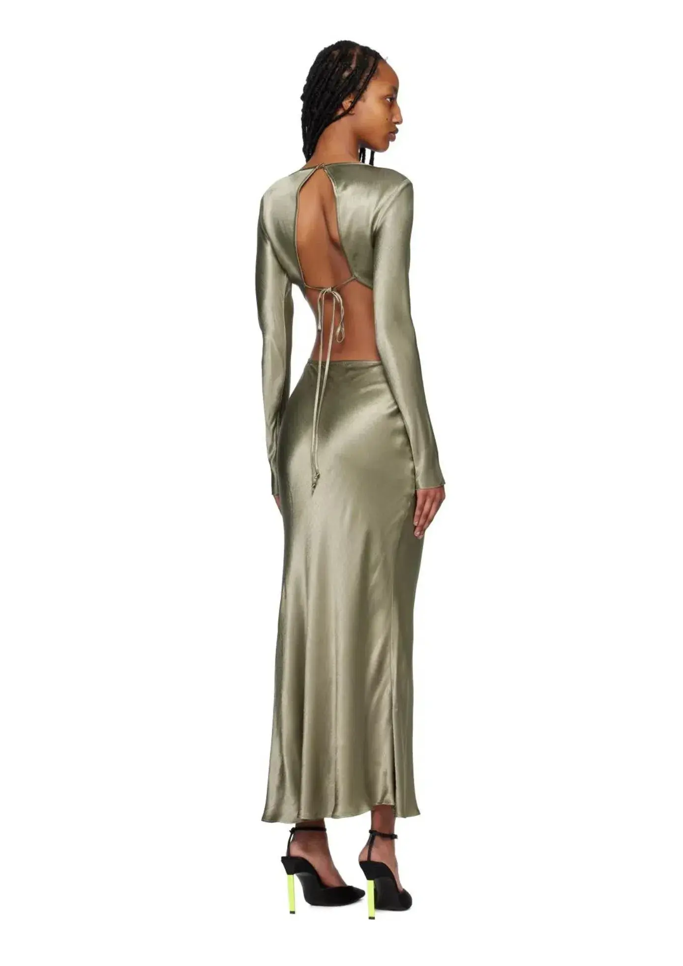 Bec & Bridge Ren Satin Long Sleeve Midi Dress Dark Olive Size AU 8 - Image 3