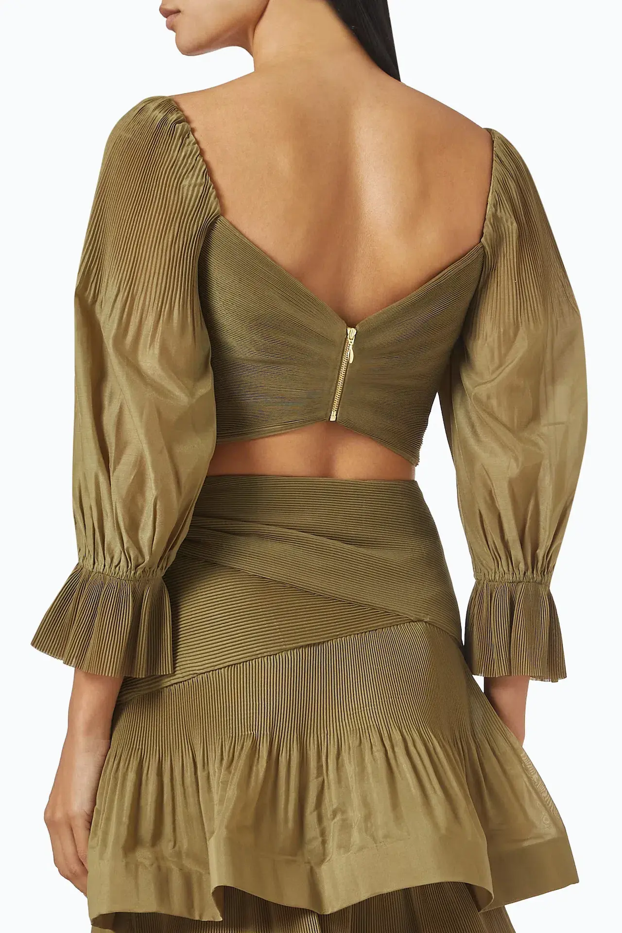 Zimmermann Pleated Bodice and Tiered Skirt Set in Olive Size 1 / AU 10 - Image 3