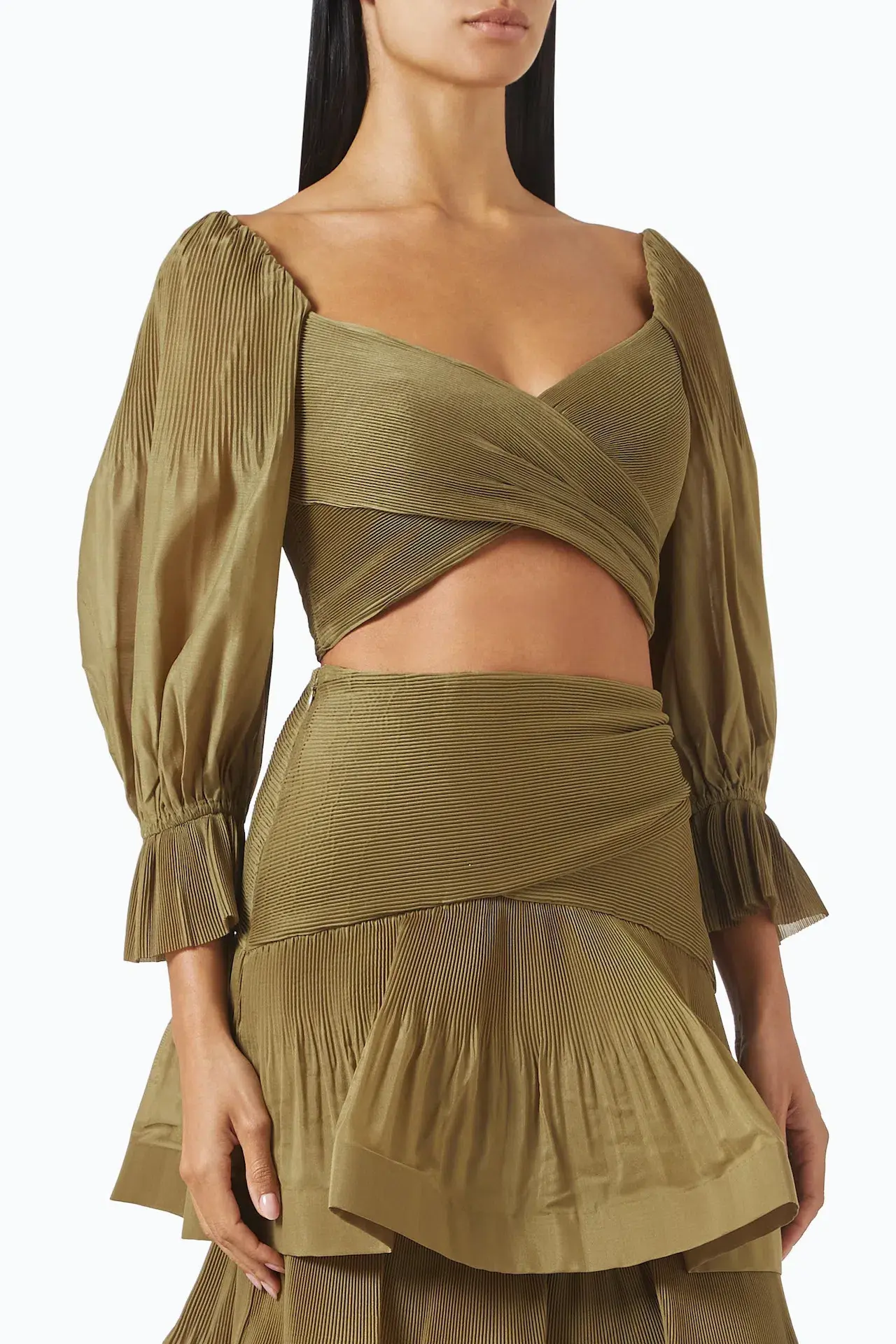 Zimmermann Pleated Bodice and Tiered Skirt Set in Olive Size 1 / AU 10 - Image 2