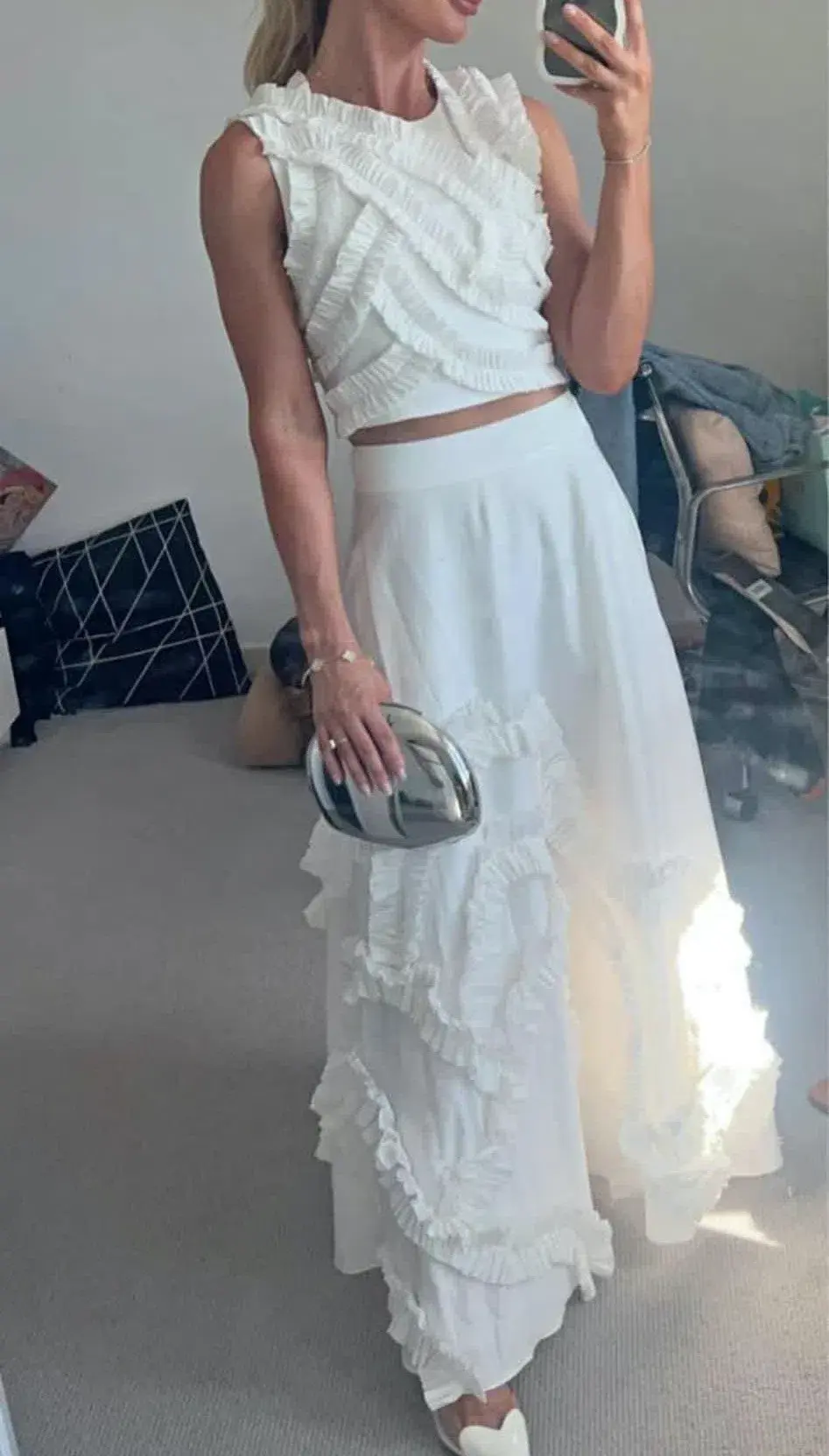 Aje Aurelia Frill Shell Top and Kendra Frill Maxi Skirt Set Ivory Size 10 for rent on The Volte - main image