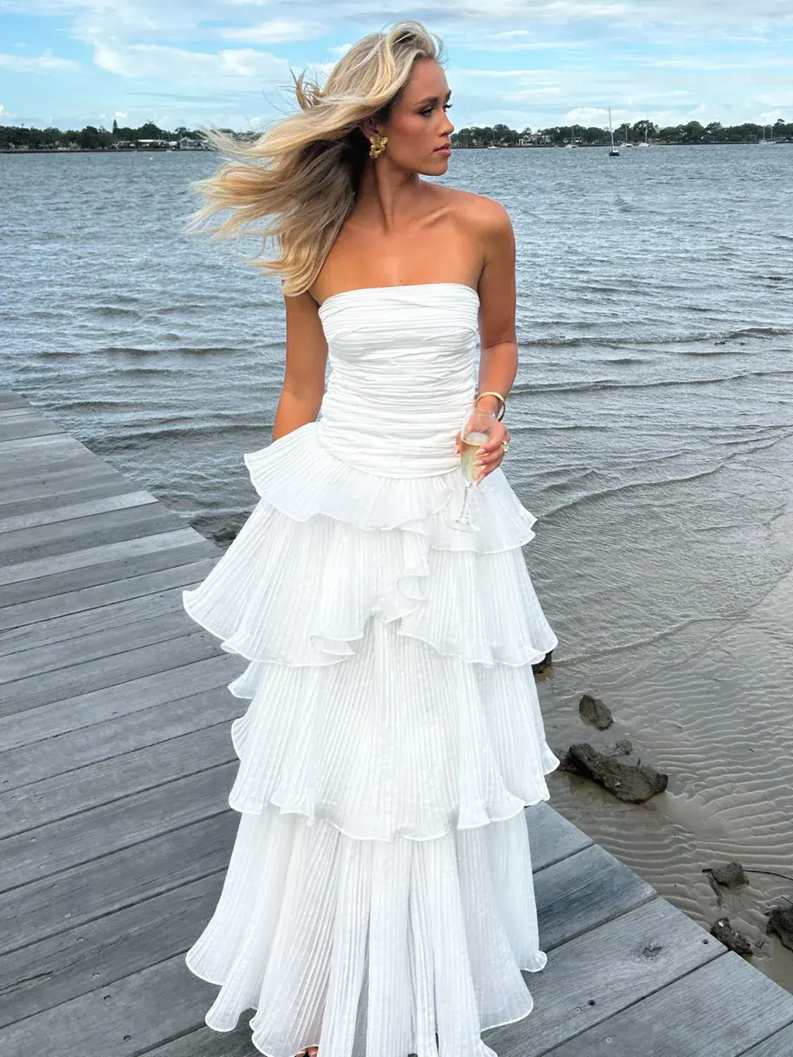 Aje Sunbeam Ruched Bustier and Cosmos Tiered Maxi Skirt Set Ivory Size 8 - Image 1