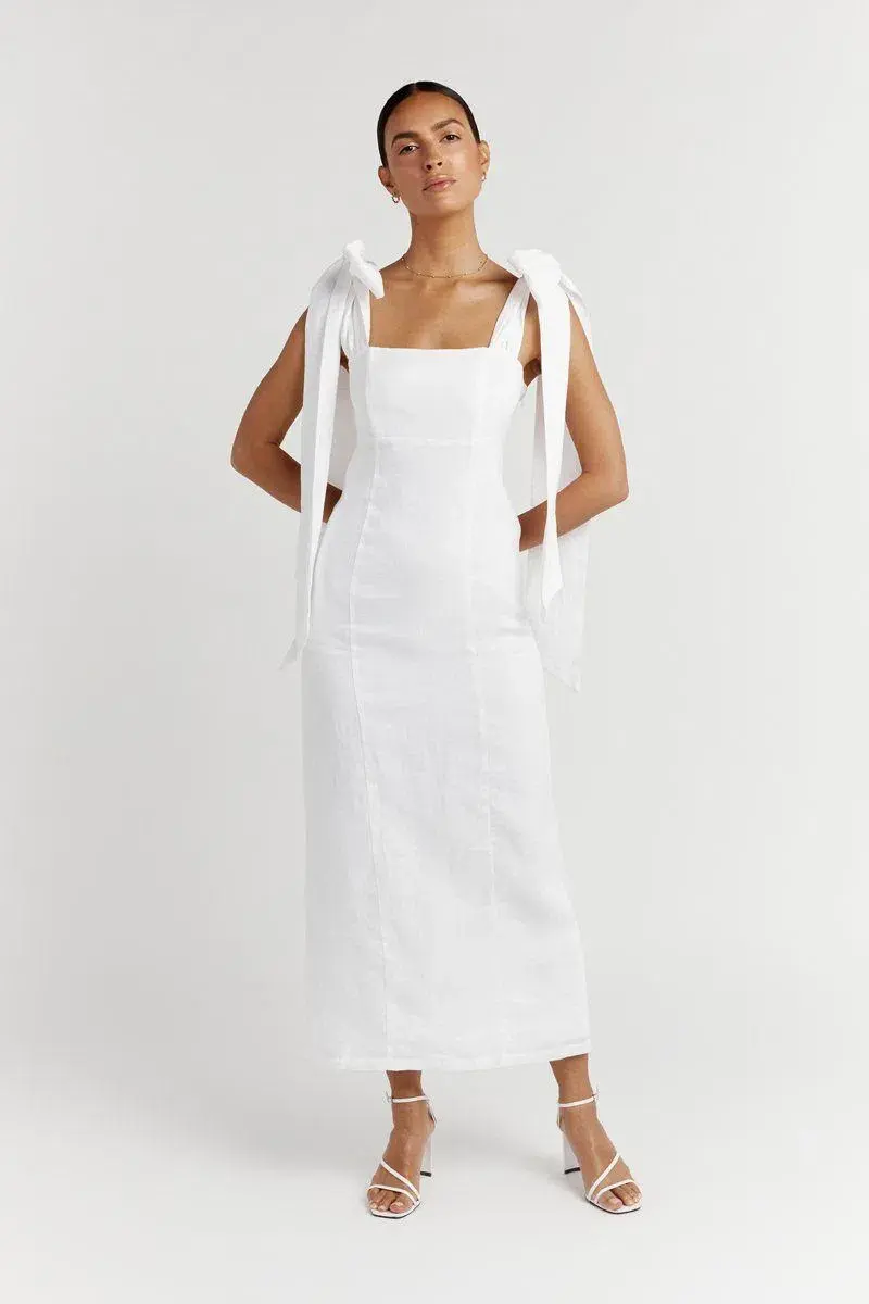 Dissh Aisle Linen Bow Midi Dress White Size 12 - Image 1