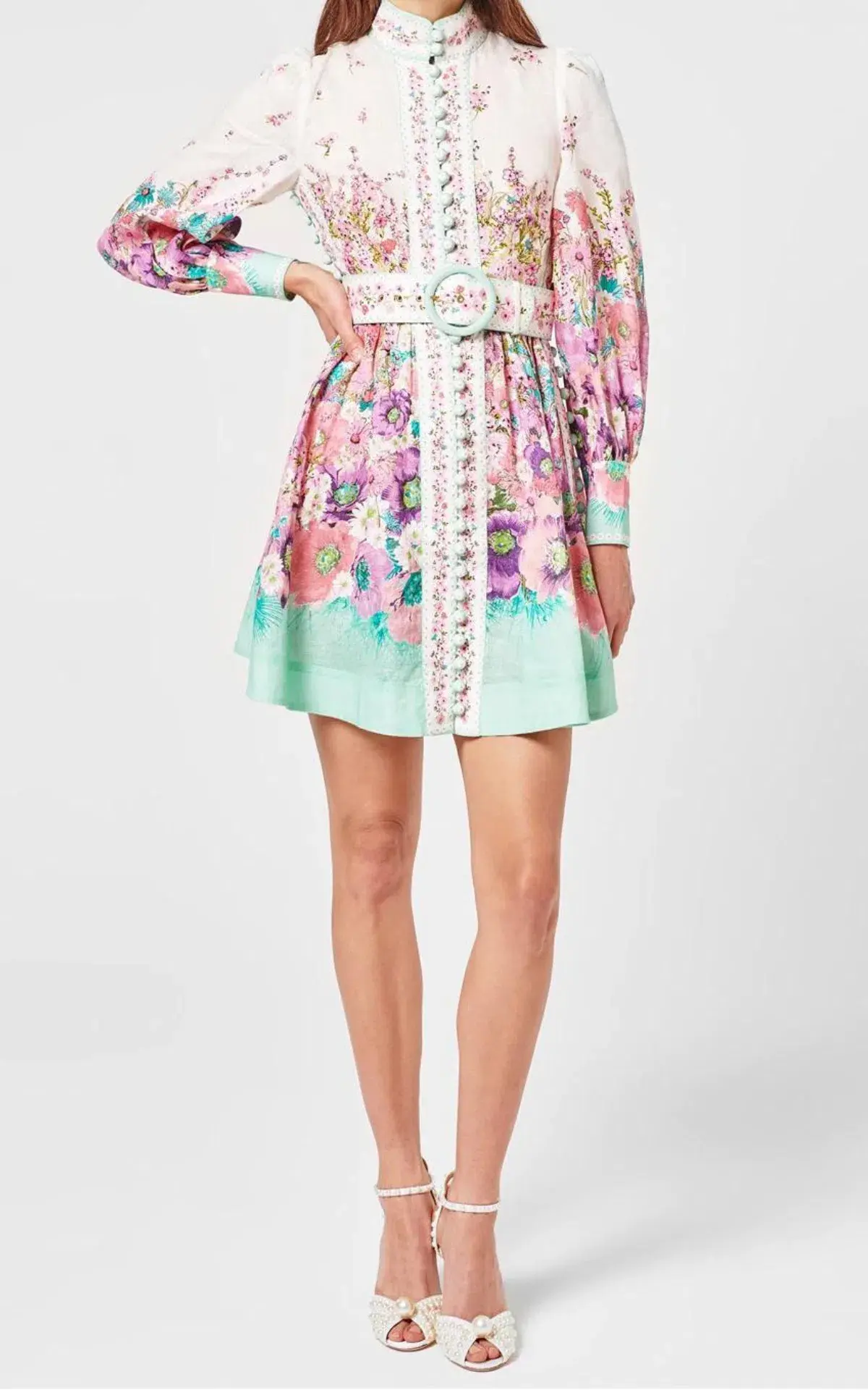 Zimmermann Jude Buttoned Mini Dress Aqua Gradient Floral Size 2 / AU 12 - Image 4