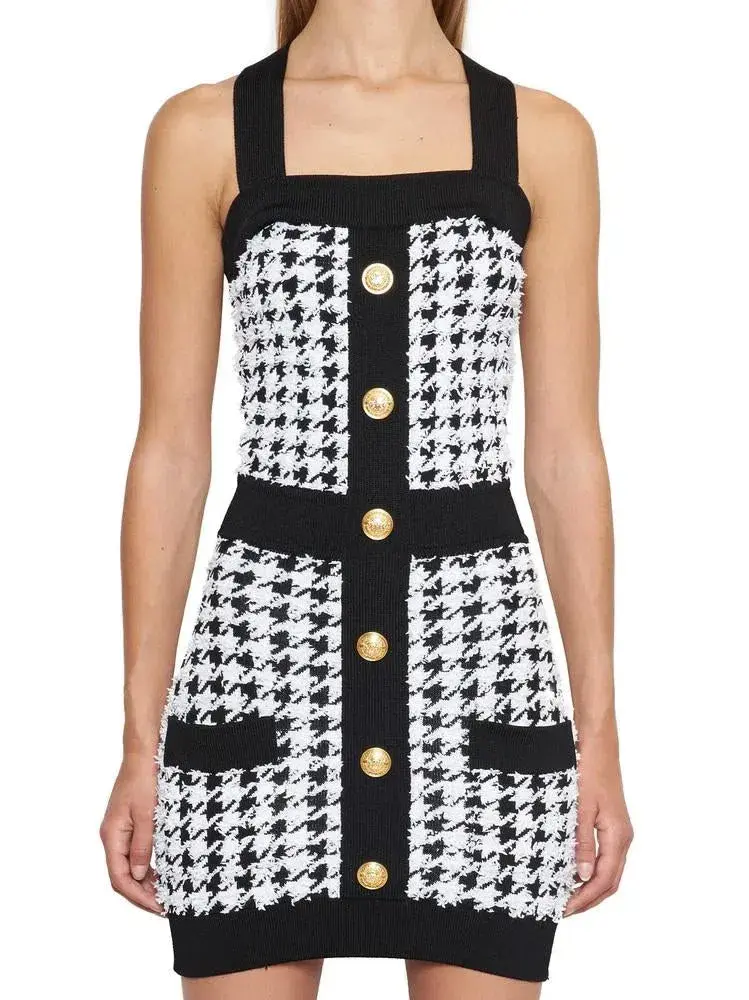 Balmain Pied De Poule Strappy Knit Mini Dress Black/White Size 8 - Image 2