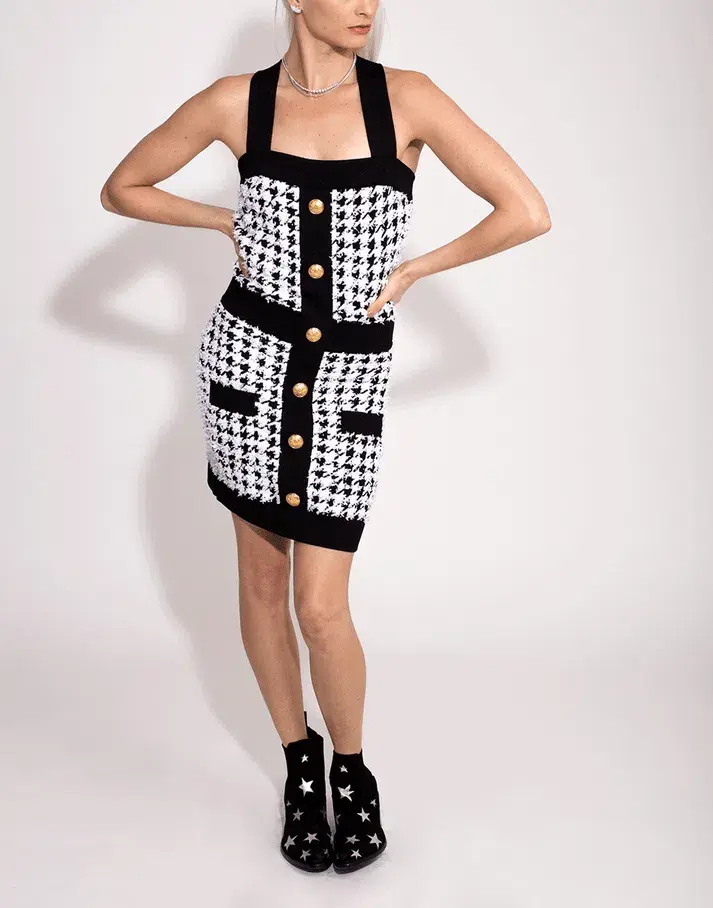 Balmain Pied De Poule Strappy Knit Mini Dress Black/White Size 8 - Image 1