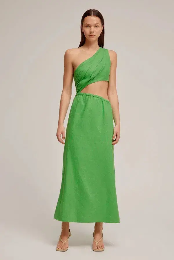 Venroy The Draped One Shoulder Cut Out Midi Dress in Vibrant Green Size M / AU 10 for rent on The Volte - main image