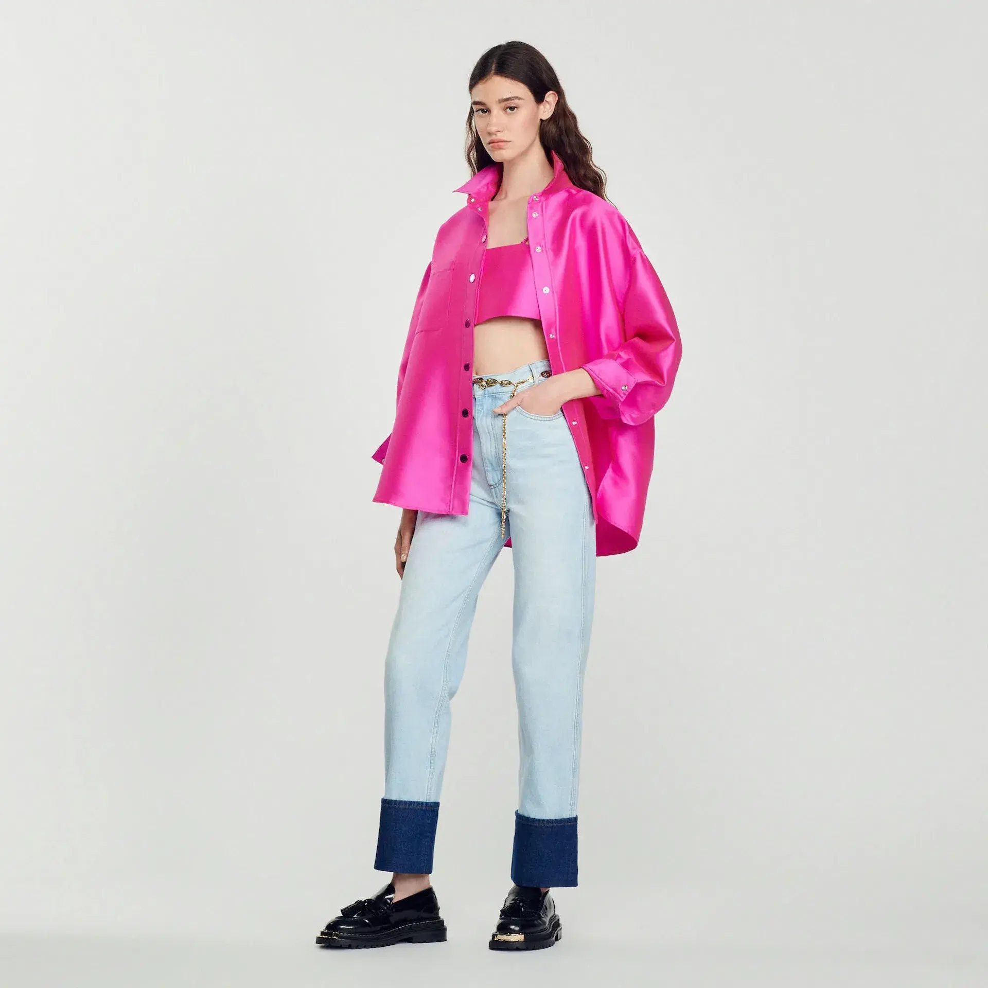 Sandro Fluro Satin Crop Pink, Effie Shirt Pink and Java Embellished Twill Shorts Black Size 8 - Image 3