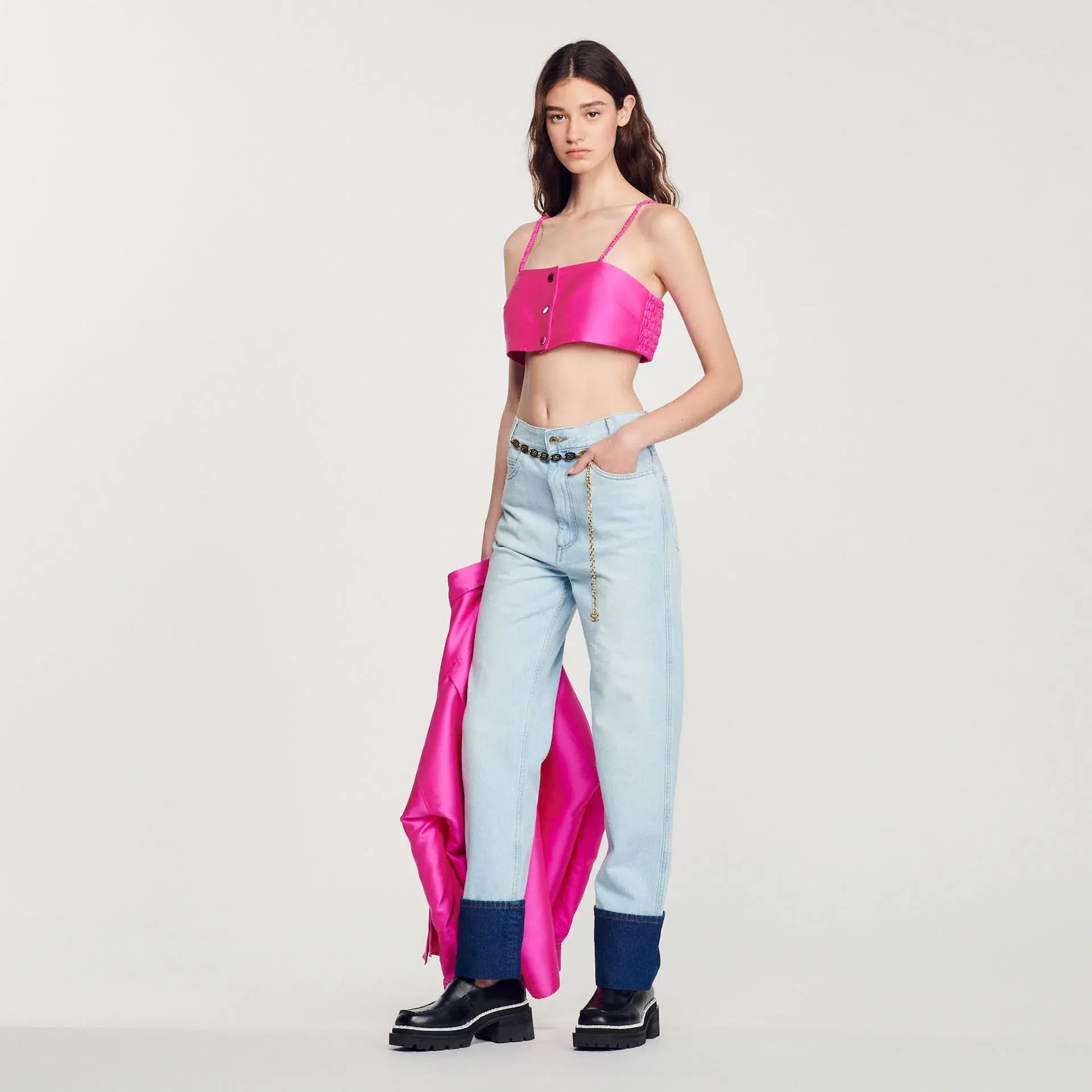 Sandro Fluro Satin Crop Pink, Effie Shirt Pink and Java Embellished Twill Shorts Black Size 8 - Image 4