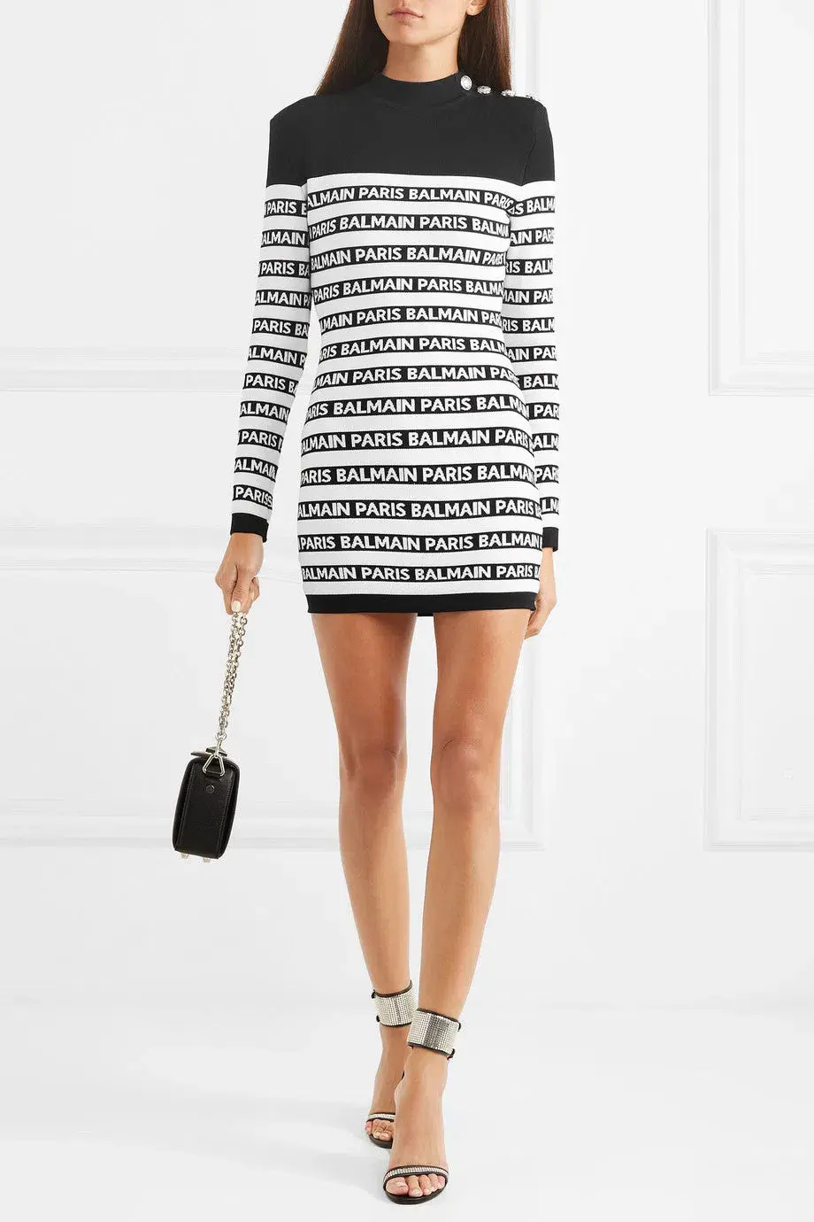 Balmain Button Embellished Fitted Logo Striped Mini Dress Black/White Size 8 - Image 1