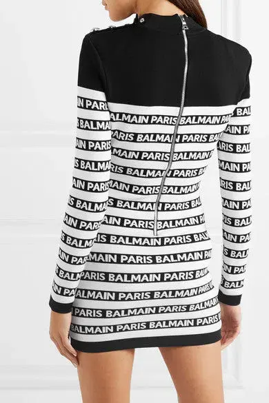 Balmain Button Embellished Fitted Logo Striped Mini Dress Black/White Size 8 - Image 2