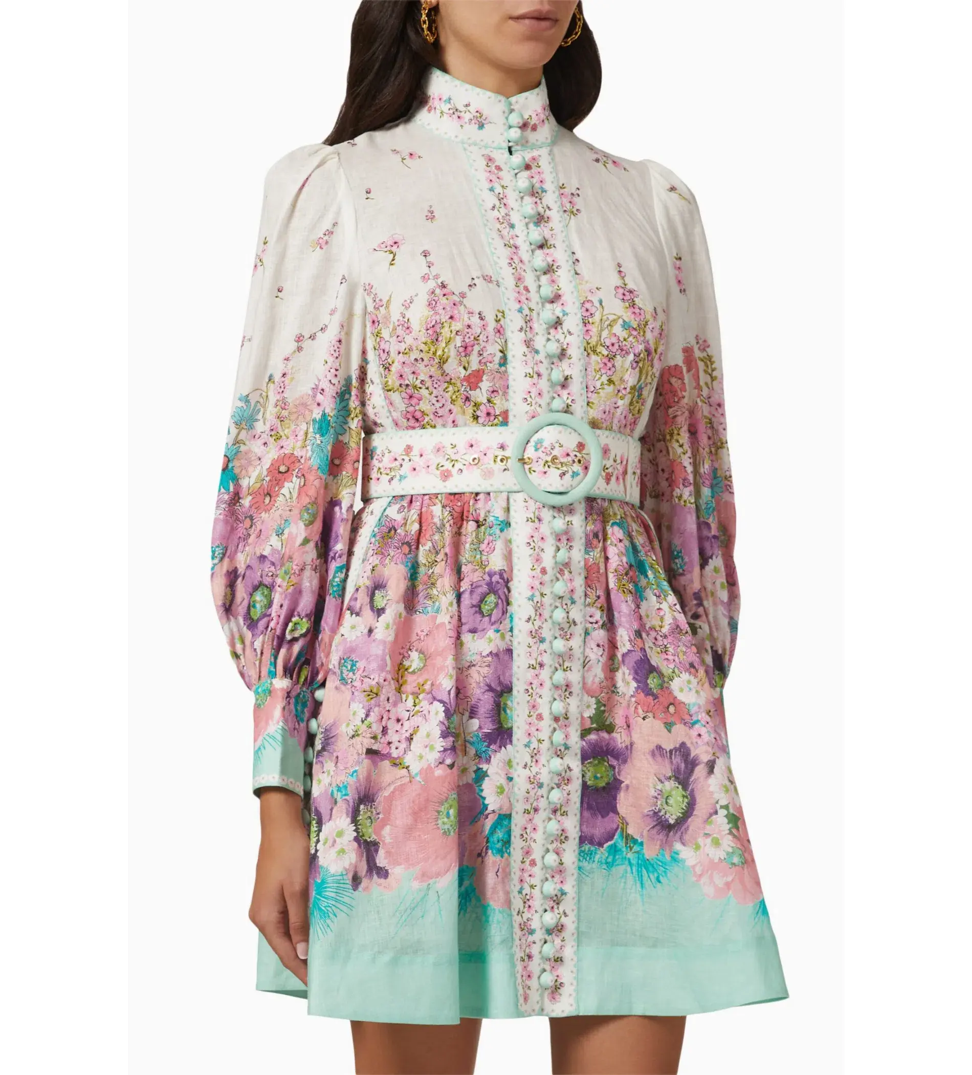 Zimmermann The Jude Buttoned Mini Dress in Aqua Gradient Flora Size 0/Au 8 - Image 2