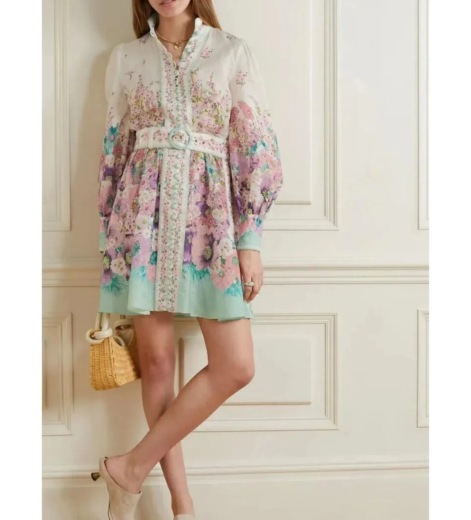 Zimmermann The Jude Buttoned Mini Dress in Aqua Gradient Flora Size 0/Au 8 - Image 1