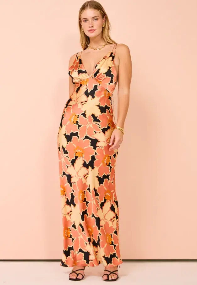 Shona Joy Rosa Silk Plunged Double Strap Maxi Dress in Coral Pink/Multi Size 8 - Image 2