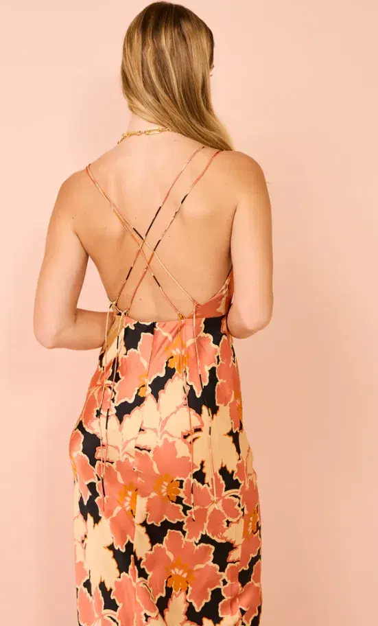 Shona Joy Rosa Silk Plunged Double Strap Maxi Dress in Coral Pink/Multi Size 8 - Image 3