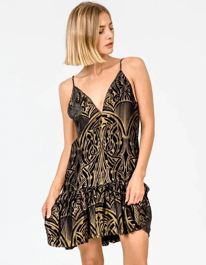 Sass & Bide First Love Textured Mini Dress Black/Gold Size 6 for rent on The Volte - main image