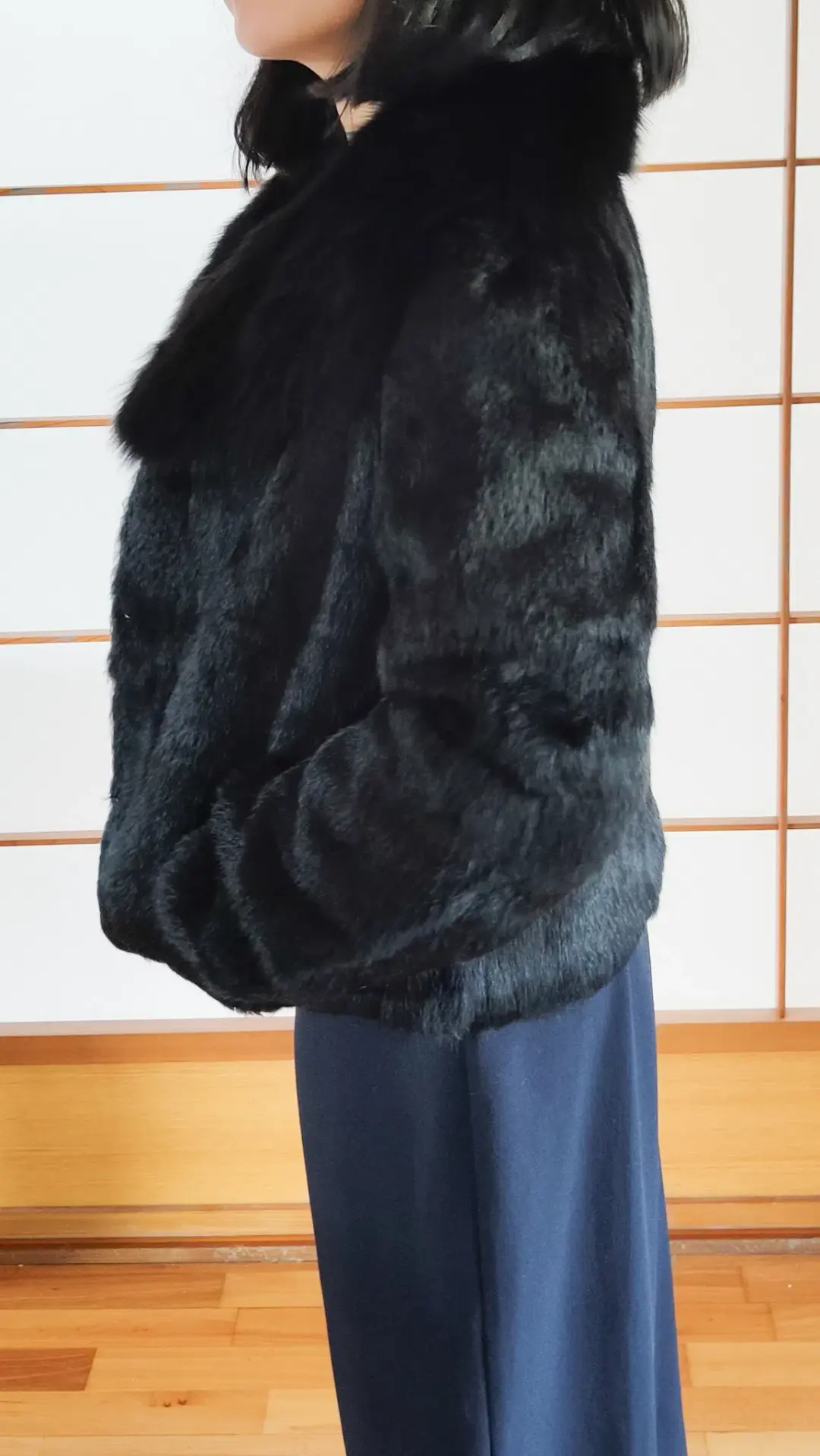 Black Genuine Rabbit Fur Jacket with Fox Collar in Small / AU 8 for rent on The Volte - main image