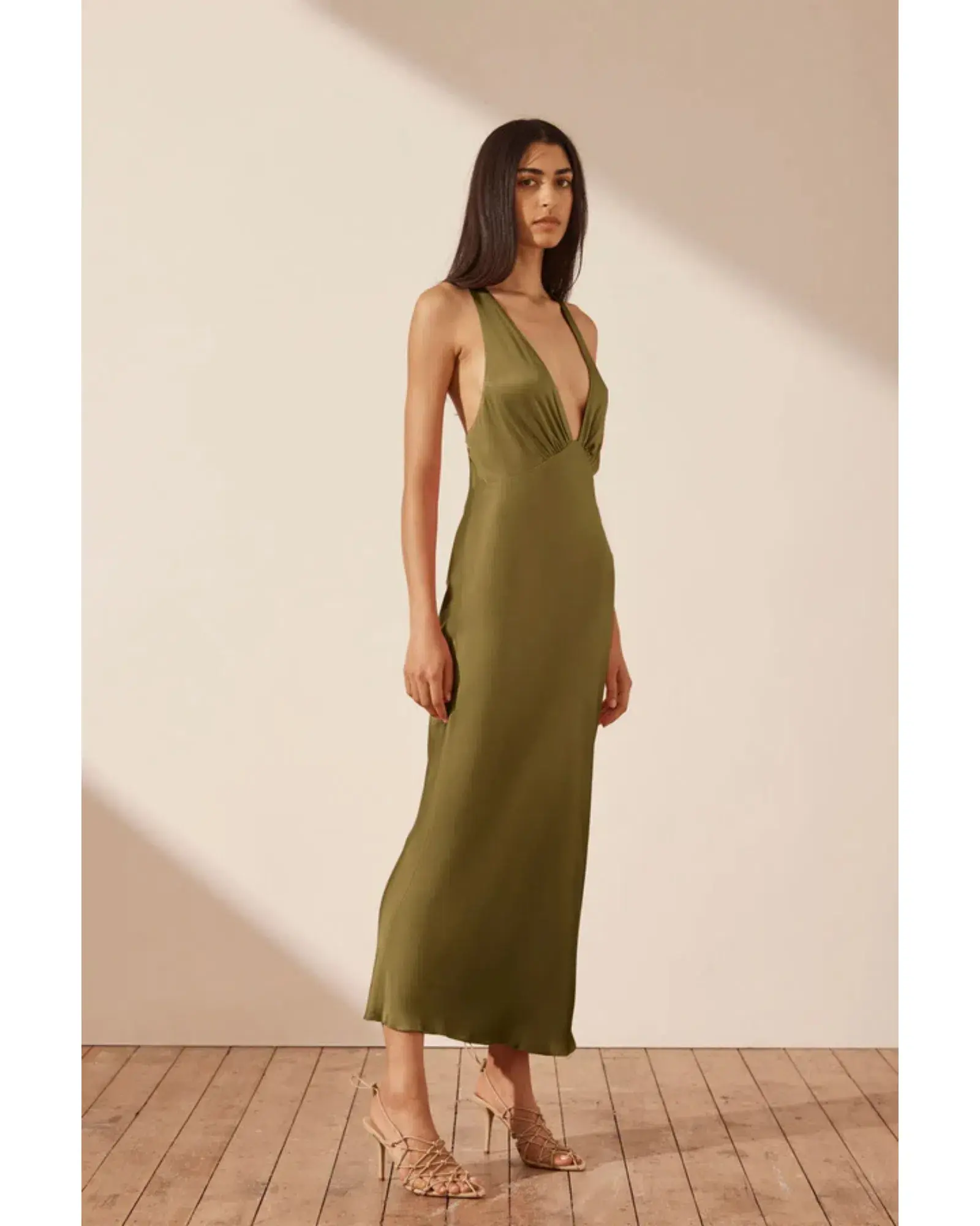 Shona Joy Arienzo Plunged Cross Back Midi Dress Green Olive Size AU 10 - Image 2