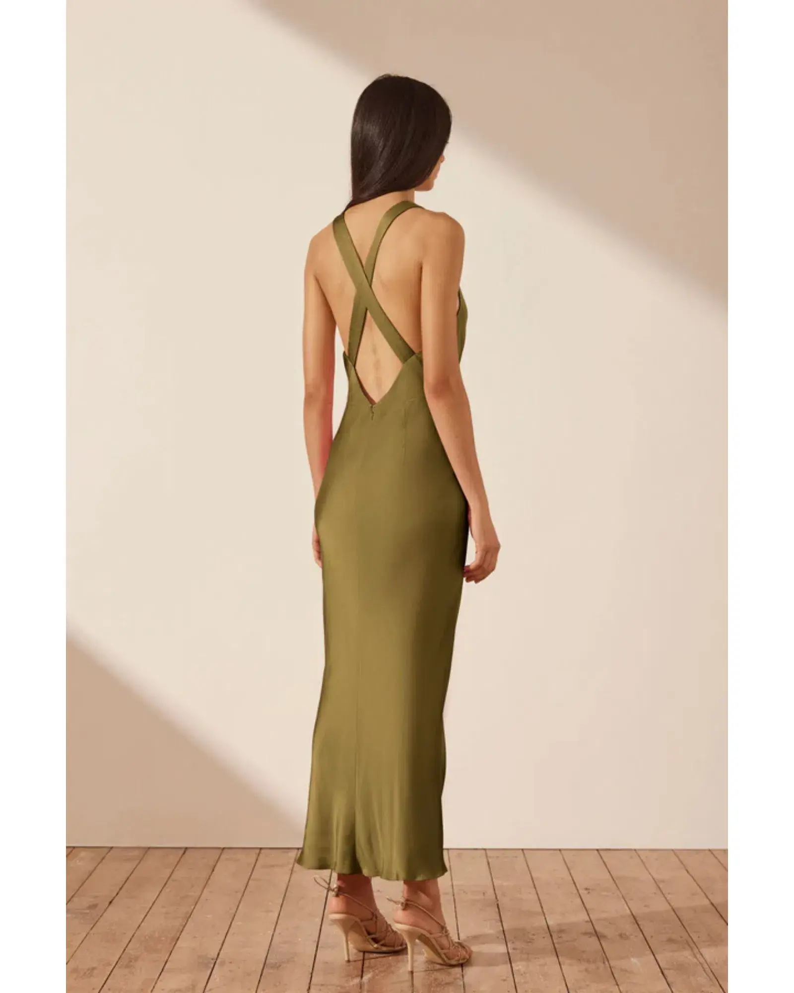 Shona Joy Arienzo Plunged Cross Back Midi Dress Green Olive Size AU 10 - Image 3