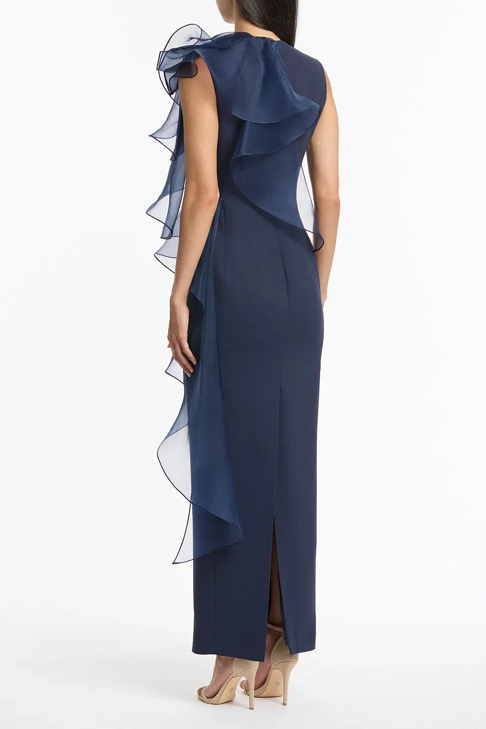 Carla Zampatti Crepe Ruffle Shoulder Gown Navy Size 6 - Image 3