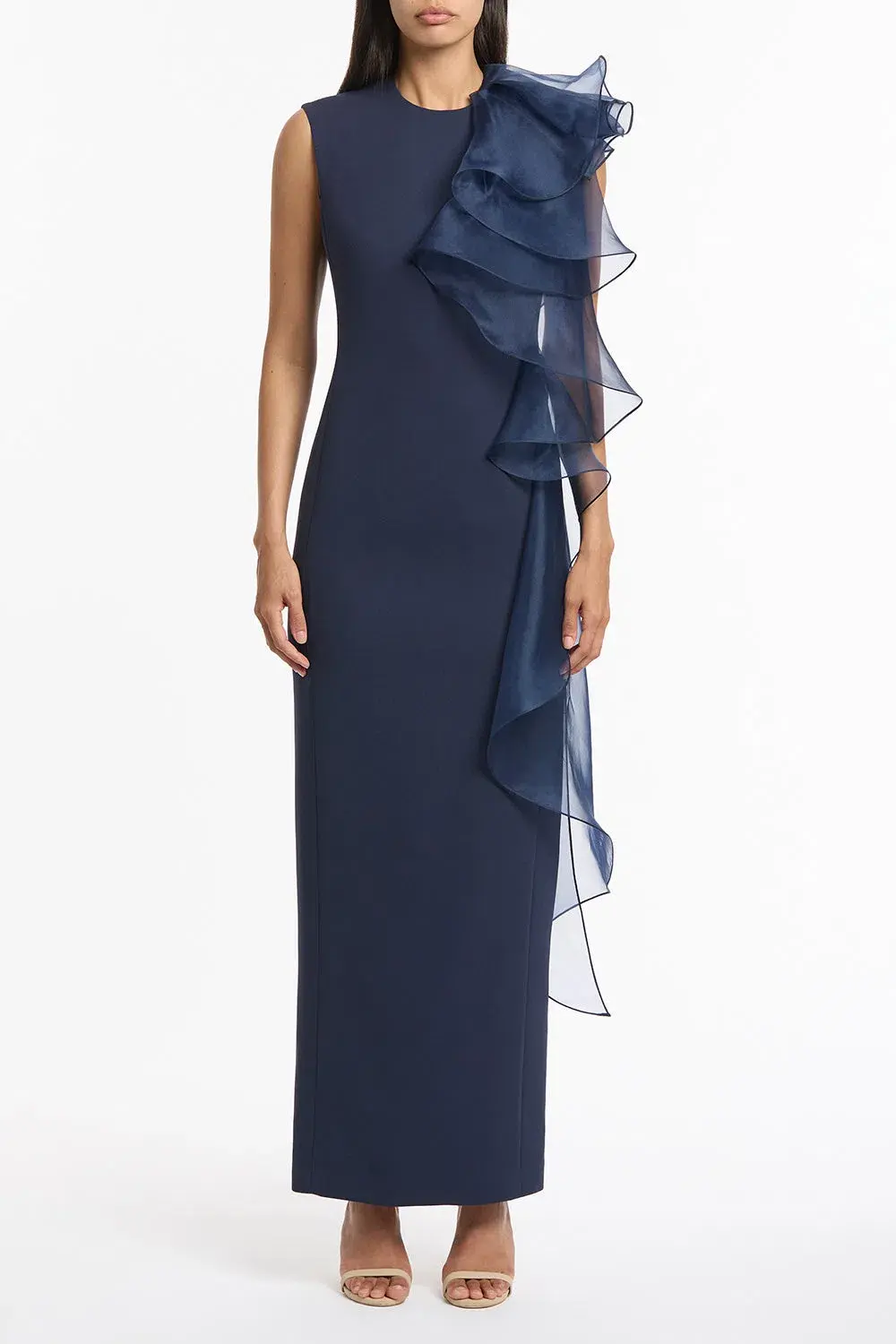 Carla Zampatti Crepe Ruffle Shoulder Gown Navy Size 6 - Image 1