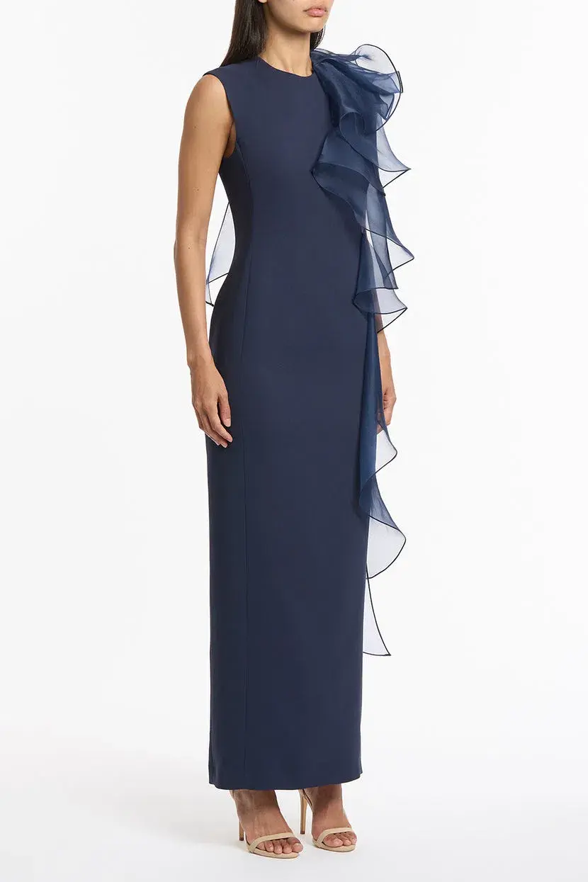 Carla Zampatti Crepe Ruffle Shoulder Gown Navy Size 6 - Image 2