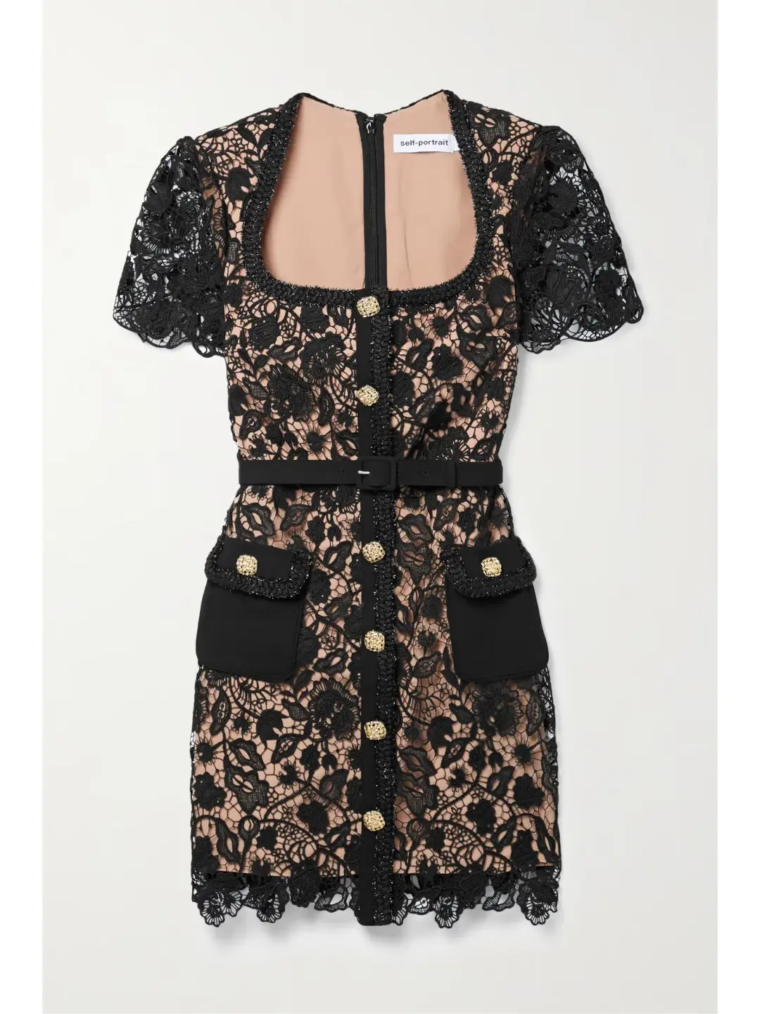 Self Portrait Embellished Belted Guipure Lace Mini Dress Black Size 6 for rent on The Volte - main image