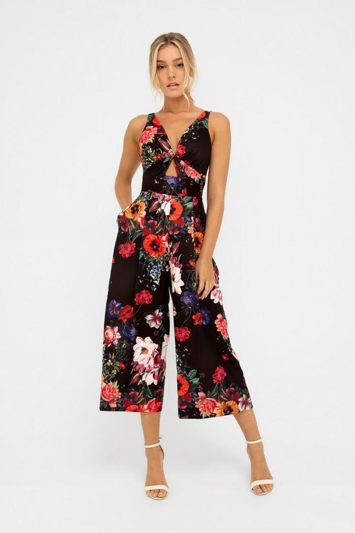 Brilliant Blooms Jumpsuit Black Red Floral Size 8 - Image 1