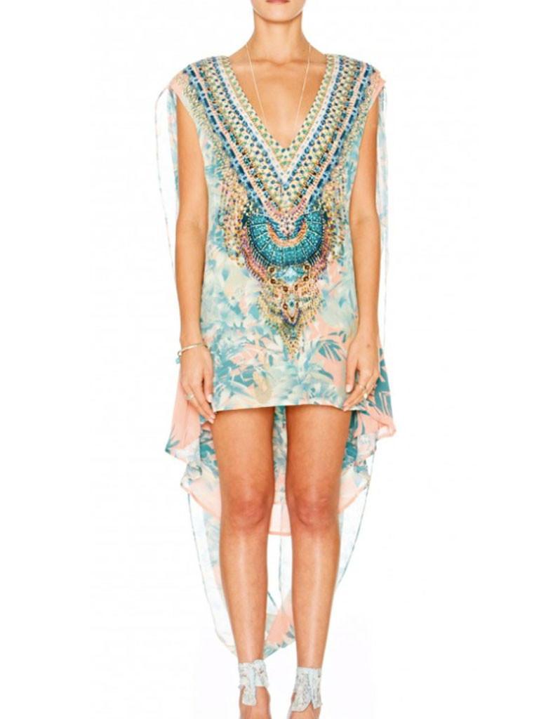 Camilla Deep V Mini Dress with Cape in Garden of Dream Blue Print Size 2 - Image 1
