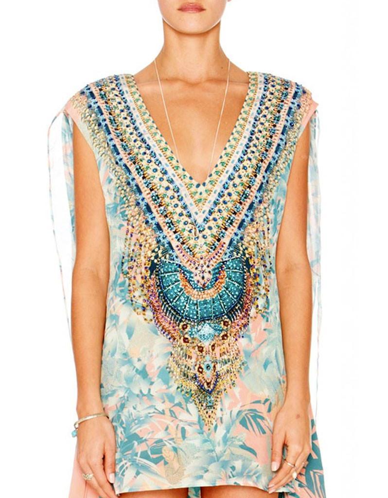 Camilla Deep V Mini Dress with Cape in Garden of Dream Blue Print Size 2 - Image 2