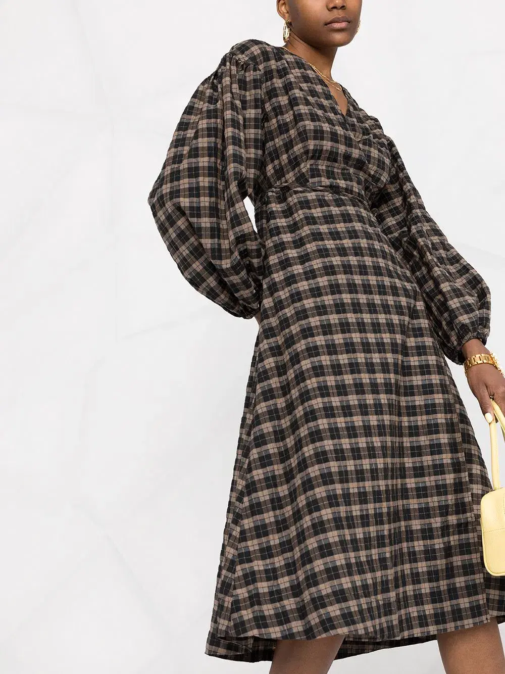 Ganni Fossil Seer Sucker Wrap Dress Check Print Size M / AU 10 for rent on The Volte - main image