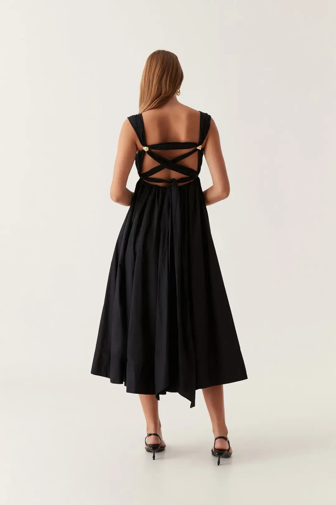Aje Nova Tie Back Midi Dress Black Size 12 for rent on The Volte - main image