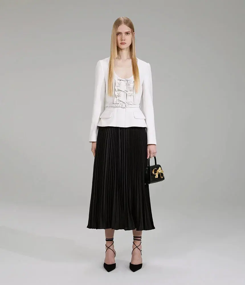 Self-Portrait Pleated Skirt Midi Dress Cream and Black Size 16 - Image 1