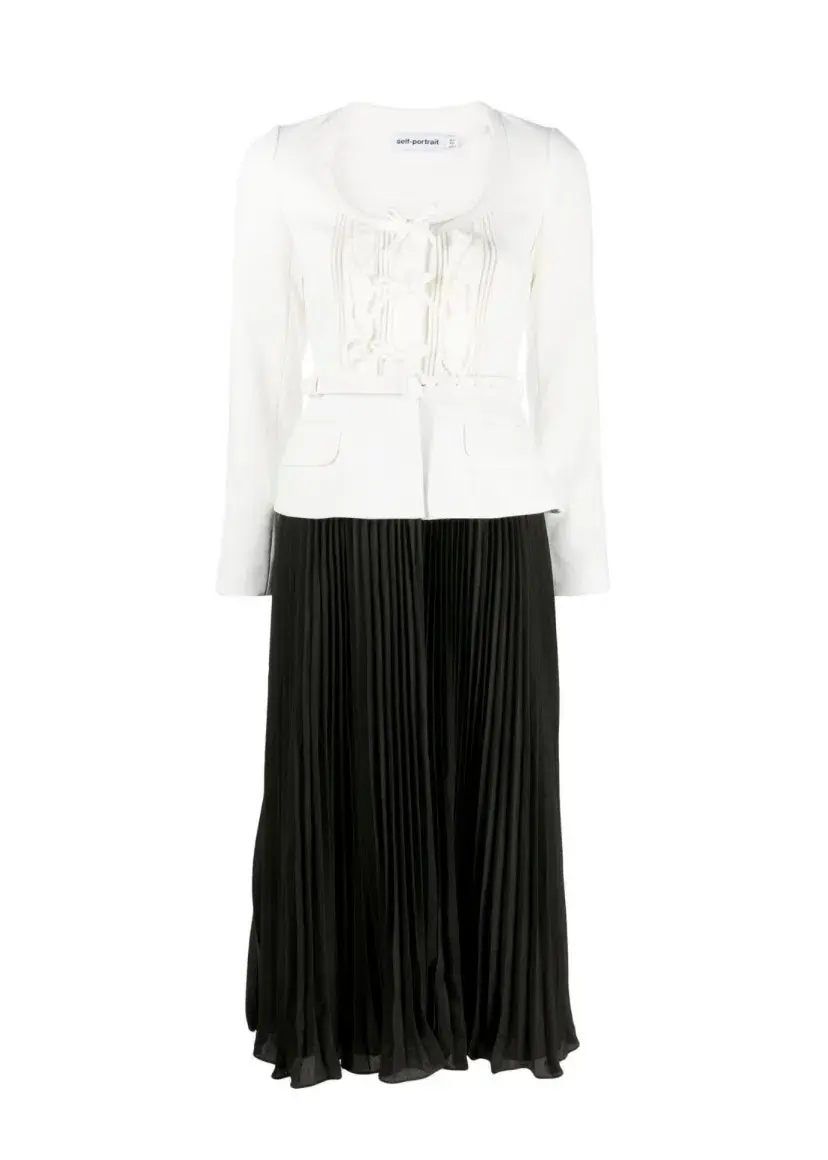 Self-Portrait Pleated Skirt Midi Dress Cream and Black Size 16 - Image 3