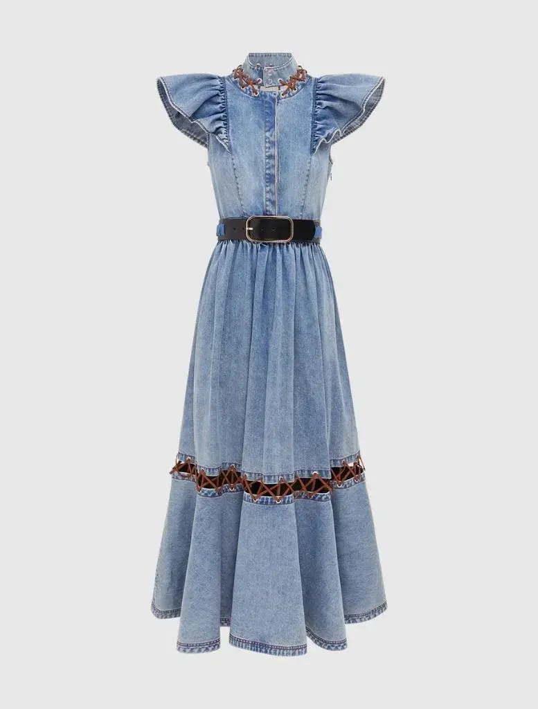 Leo Lin Amelie Butterfly Sleeveless Denim Midi Dress Sand Wash Blue Size 6 for rent on The Volte - main image