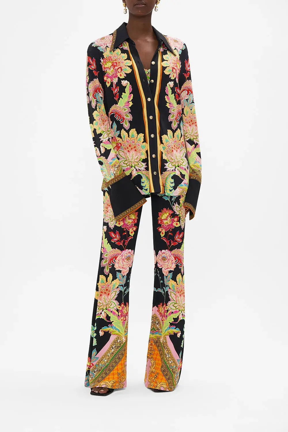 Camilla Sundowners In Sicily Fitted Jersey Shirt & Flare Pant Set Multi Floral Size S / AU 10 - Image 1