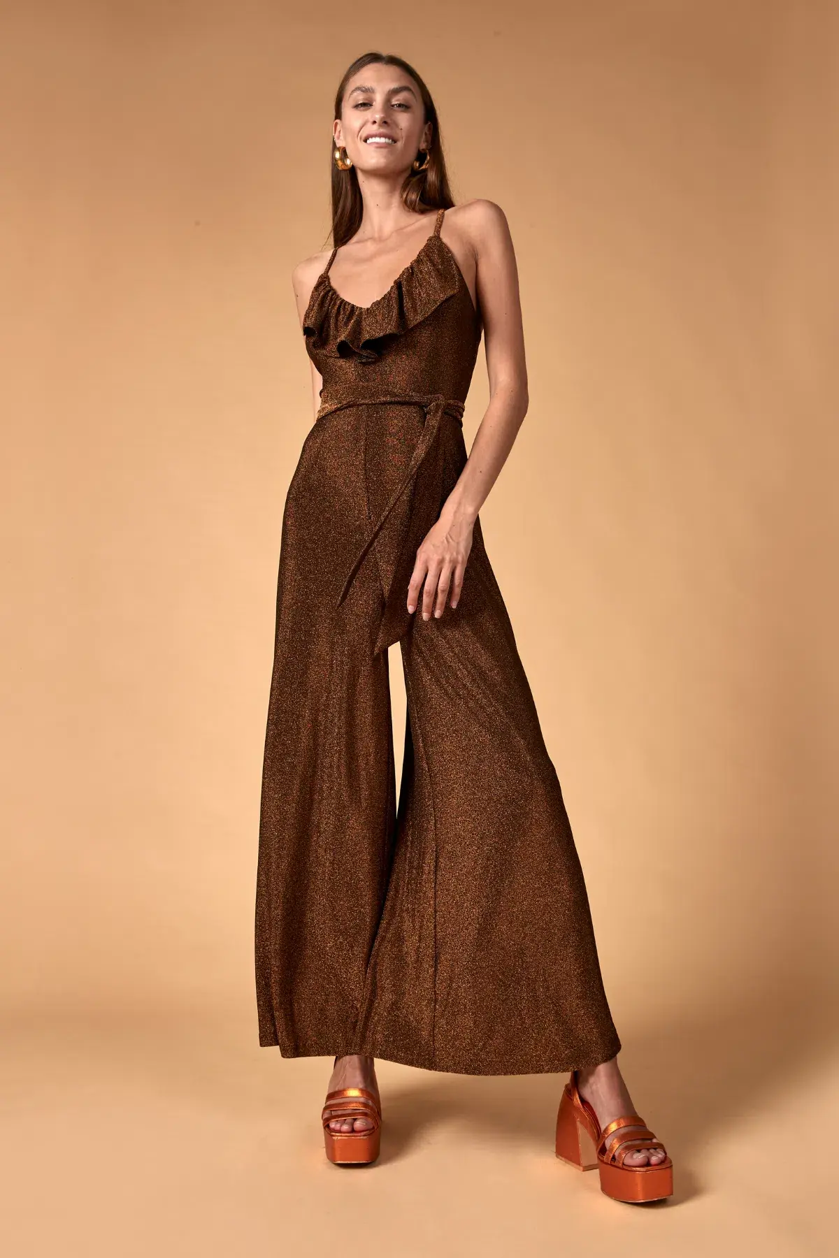 Nine Lives Bazaar Nova Floor Length Jumpsuit Bronze Size 14 - Image 1