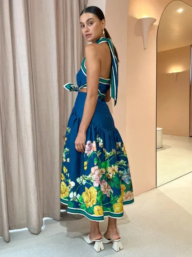 Alemais Lyla Halter Midi Dress Blue Size 8 for rent on The Volte - main image