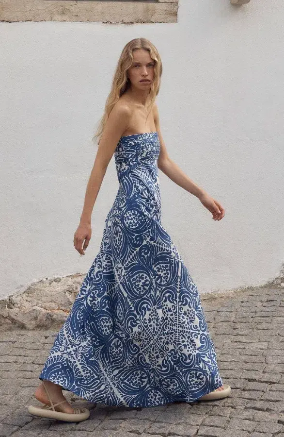 Shona Joy Pombeline Strapless Corded Maxi Dress in Ivory/Blue Print Size 8 - Image 3