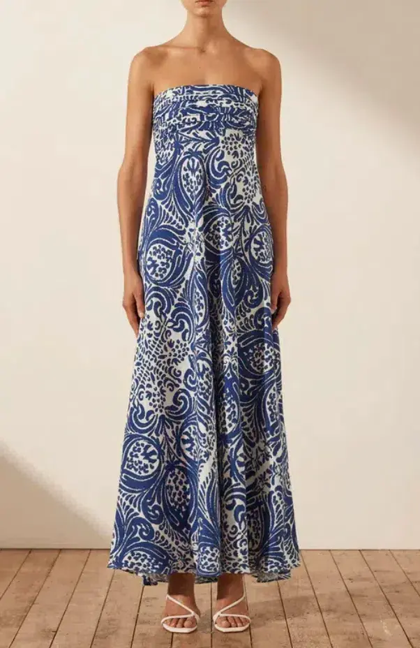 Shona Joy Pombeline Strapless Corded Maxi Dress in Ivory/Blue Print Size 8 for rent on The Volte - main image