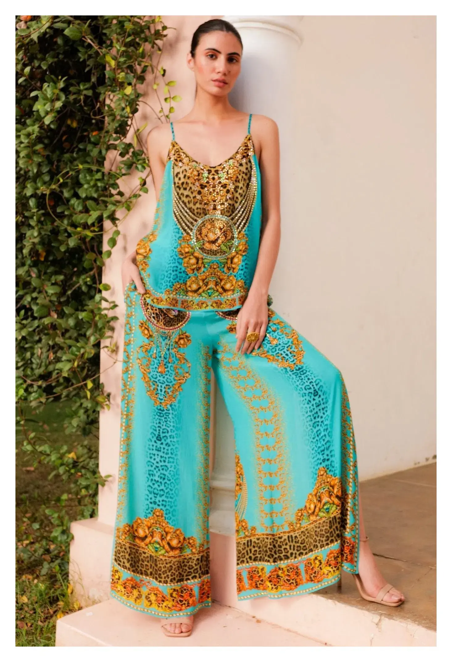 Czarina Aqua Leopardess Cami Top & Palazzo Pants with Side Slit Set Blue & Animal Print Size L/ AU12 - Image 1