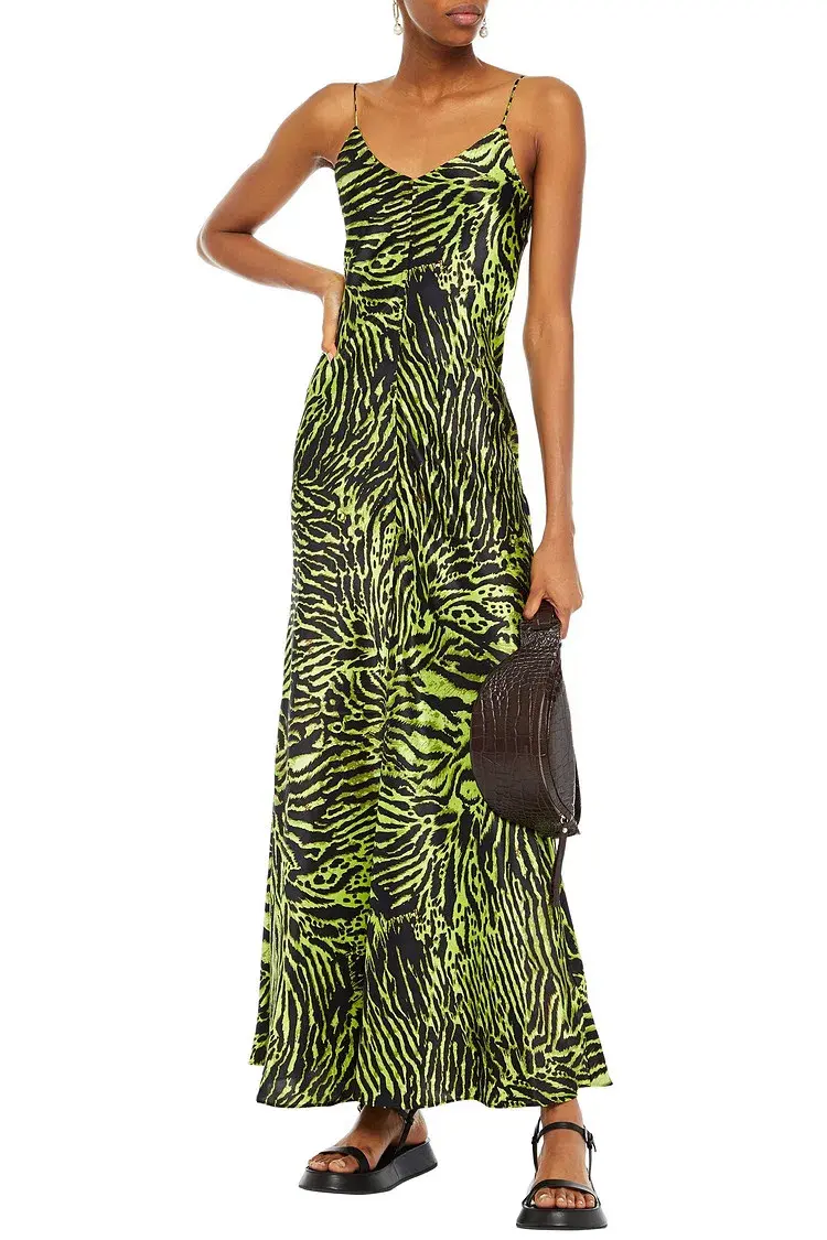 Ganni Silk Blend Satin Maxi Dress in Green Tiger Print Size M / AU 10 - Image 1