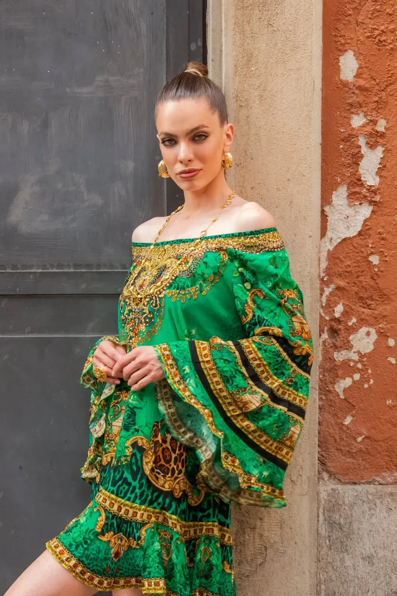 Czarina Emerald Leopardess Frill Dress Mini Green Leopard Print Size S / AU 10 - Image 3