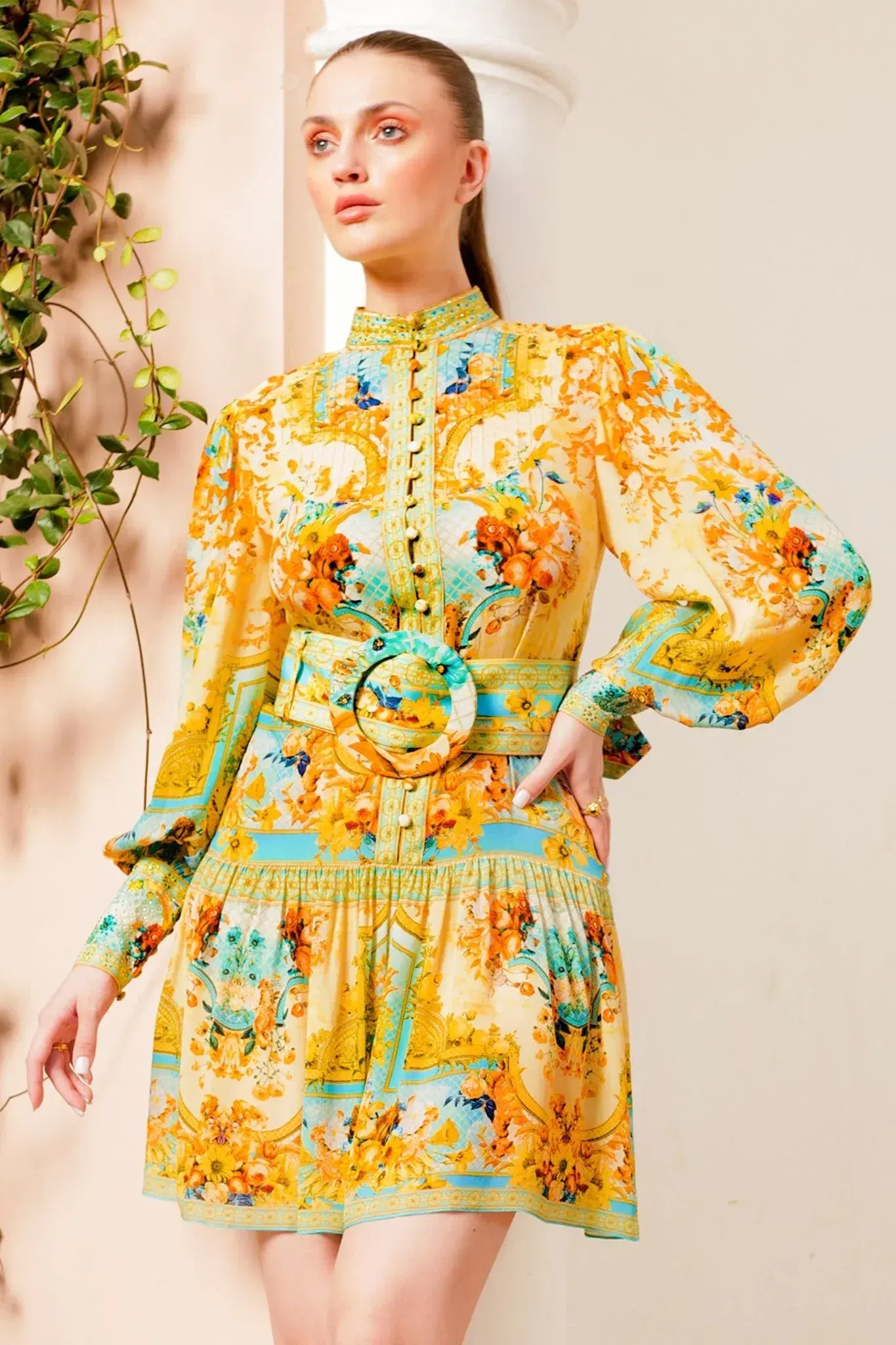 Czarina Summer Garden Button Down Short Dress Yellow Floral Size L / AU 14 - Image 2