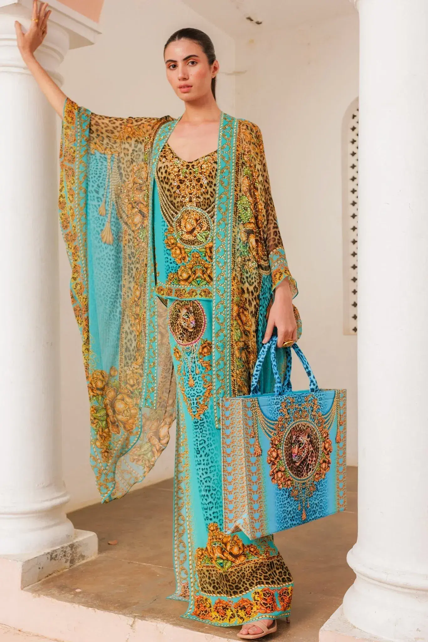 Czarina Aqua Leopardess Medium Cape Turquoise Leopard Print One Size - Image 3