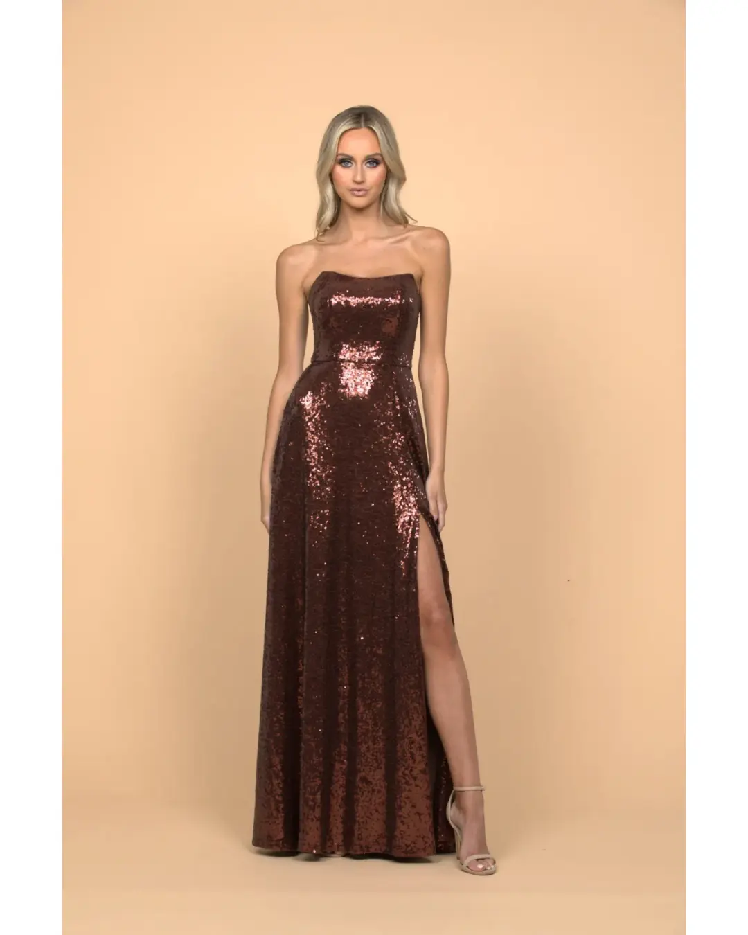 Bariano Miya Strapless Flowy A-line Gown In Chocolate Size AU 12 for rent on The Volte - main image